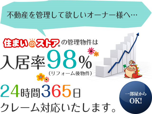 不動産を管理して欲しいオーナー様へ…住まいのストアの管理物件は入居率98％。24時間365日クレーム対応いたします。